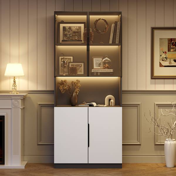 Vitrinekast Ourea Ⅲ wit - plaatmateriaal op houtbasis - glas - metaal - 30 x 200 x 80 cm