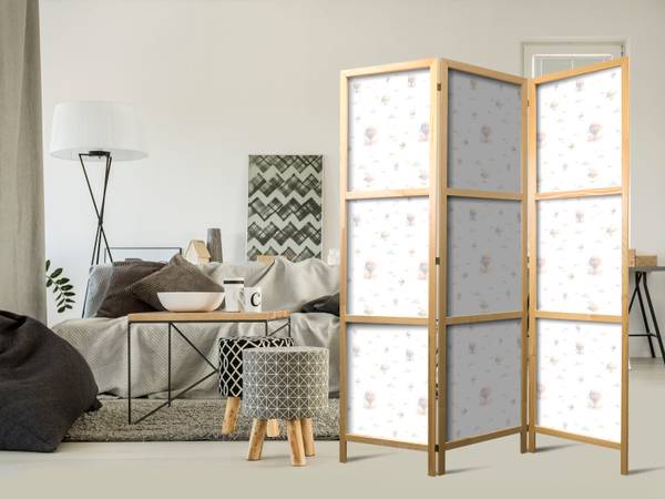 Paravent Luftballons Wolken 3-tlg Beige - Blau - Braun - Weiß - Holzwerkstoff - Textil - 135 x 172 x 3 cm