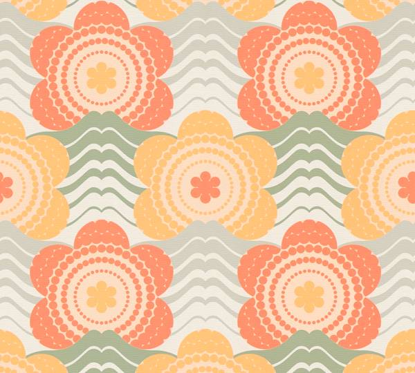 Retrotapete mit Blumen Creme - Grün - Orange - Gelb