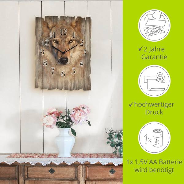 Wanduhr Holz Wolf Braun - Holzwerkstoff - 30 x 40 x 1 cm