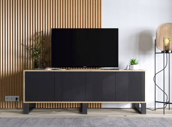 Meuble TV APOLLO 2 Noir - Imitation chêne Wotan