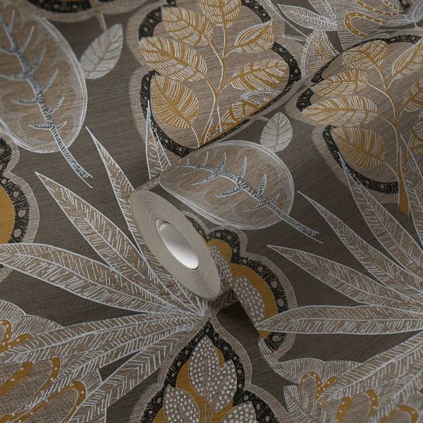 Botanische Vliestapete Pflanzen Braun - Orange - Taupe - Weiß