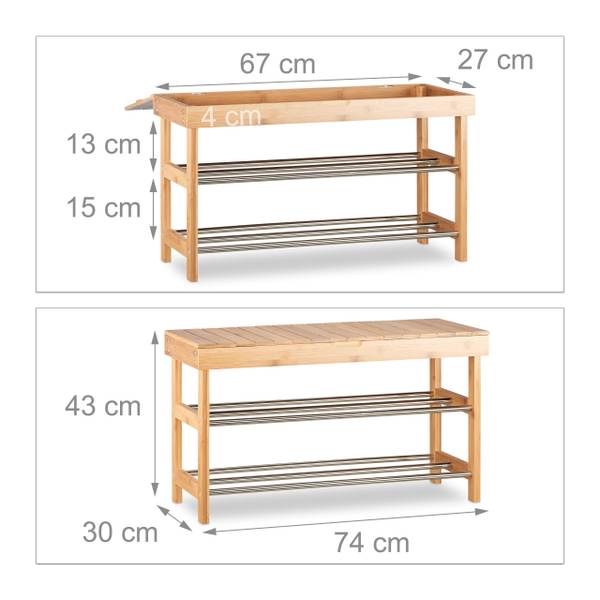 Bambus Schuhregal mit Sitzfläche Braun - Silber - Bambus - Metall - 74 x 43 x 30 cm
