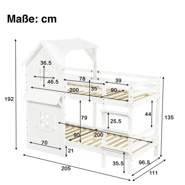 Etagenbett Huda Weiß - Holzwerkstoff - Massivholz - 111 x 192 x 205 cm