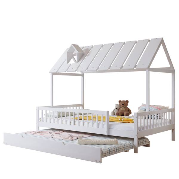 Hausbett mit Rollbett-O2913 Weiß - Massivholz - 169 x 169 x 205 cm