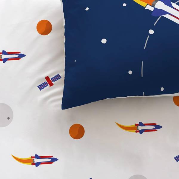 Kinderbettwäsche Rakete Weltall 2-tlg. Blau - Weiß - Textil - 135 x 200 x 1 cm