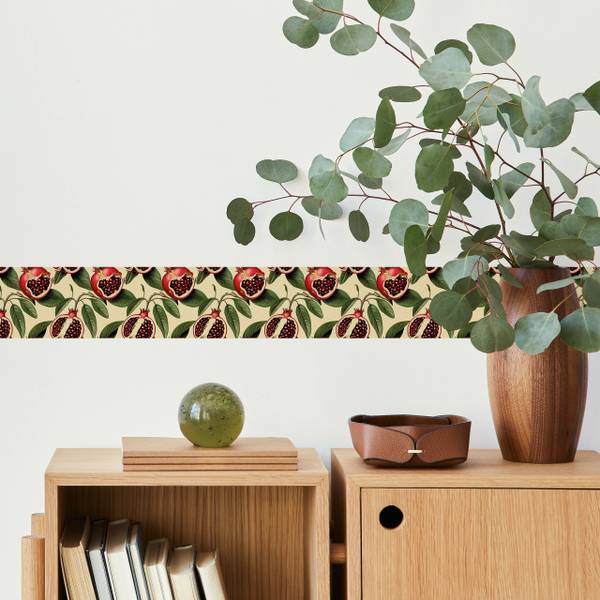 Tapetenbordüre GRANATAPFEL Obst Blätter Beige - Grün - Rot - Fleece - 10 x 300 x 300 cm