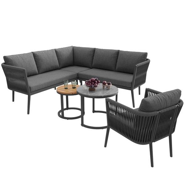 Set lounge jardin Gaia II (6-él.) Gris - Verre - Métal - Matière plastique - Textile - 176 x 75 x 176 cm