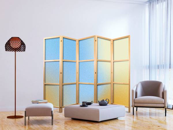 Paravent Ombre Gradient 5-tlg Beige - Blau - Orange - Gelb - Holzwerkstoff - Textil - 225 x 172 x 3 cm