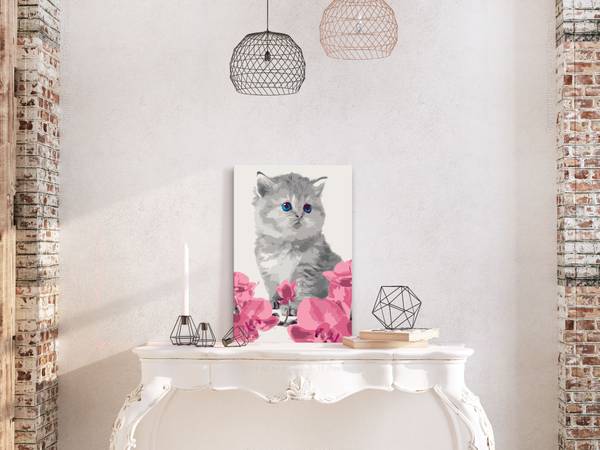 Wandbild Malen nach Zahlen Tiere Lur Grau - Pink - Baumwollstoff - 40 x 60 x 2 cm
