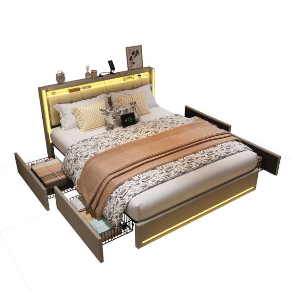 Polsterbett HYF-JY01 Beige - Metall - Massivholz - 188 x 100 x 213 cm