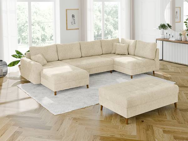 Wohnlandschaft und Hocker Sindre Beige - Ecke davorstehend links