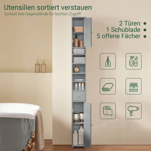 Badezimmer Hochschrank schmal BZR34-HG Hellgrau - Höhe: 180 cm