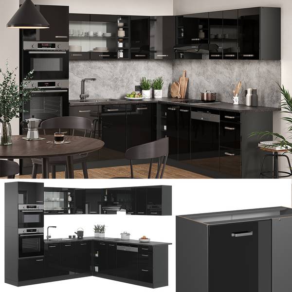 Eckküche R-Line 40970 14er Set Anthrazit - Hochglanz Schwarz