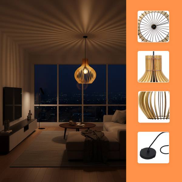 Hängelampe mit Holzlamellen Schwarz - Braun - Eisen - 35 x 35 x 35 cm