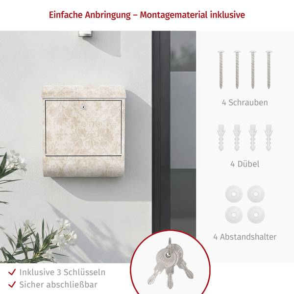 Briefkasten Antiker Damast Beige - Stahl - 39 x 46 x 13 cm