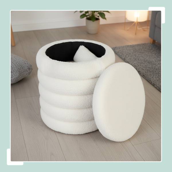 Kruk met bergruimte Teddystof wit - polyester - 37 x 44 x 37 cm
