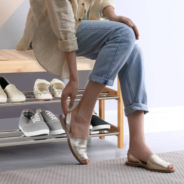 Bambus Schuhregal mit Sitzfläche Braun - Silber - Bambus - Metall - 74 x 43 x 30 cm