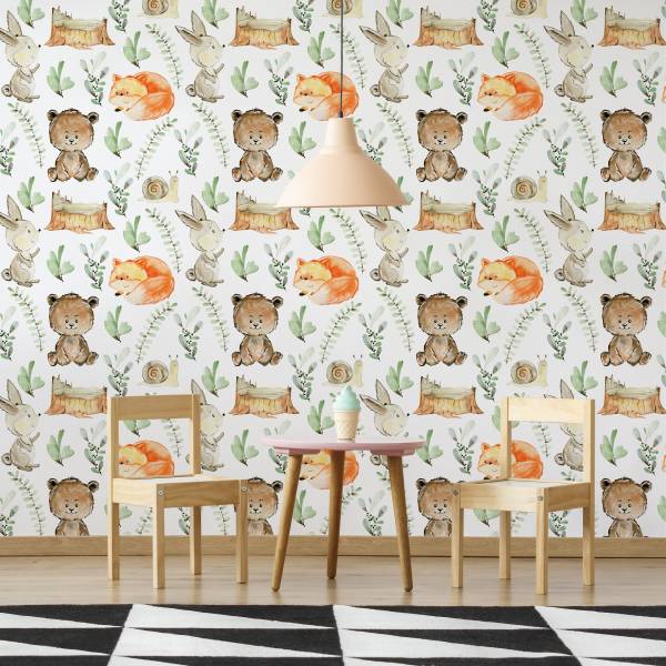 Tapete Waldtiere Pflanzen Natur Beige - Schwarz - Braun - Grau - Grün - Orange - Weiß - Papier - 53 x 1000 x 1000 cm