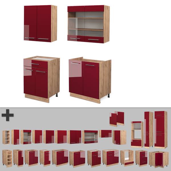 Cuisine Fame-Line 42398 Bordeaux brillant - Imitation chêne