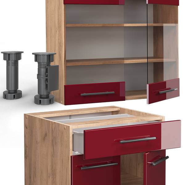 Cuisine Fame-Line 42398 Bordeaux brillant - Imitation chêne