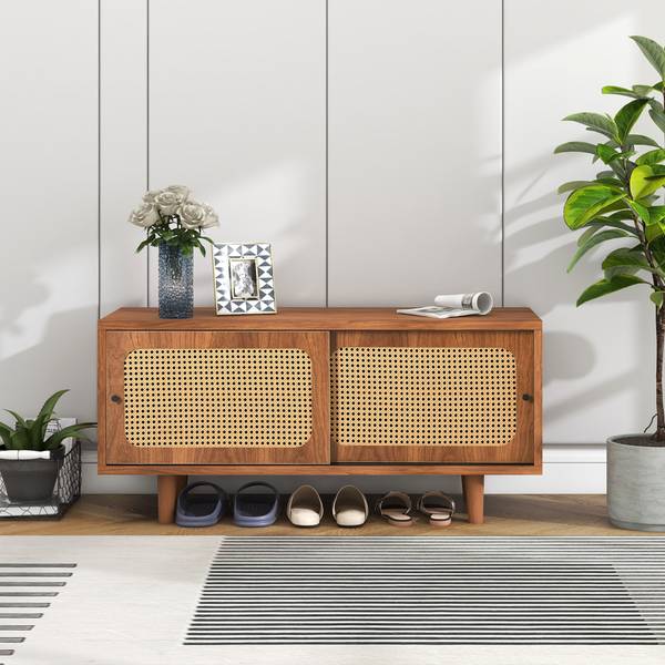 Schoenenkast Natur Ⅱ bruin - plaatmateriaal op houtbasis - polyrotan - 40 x 48 x 104 cm