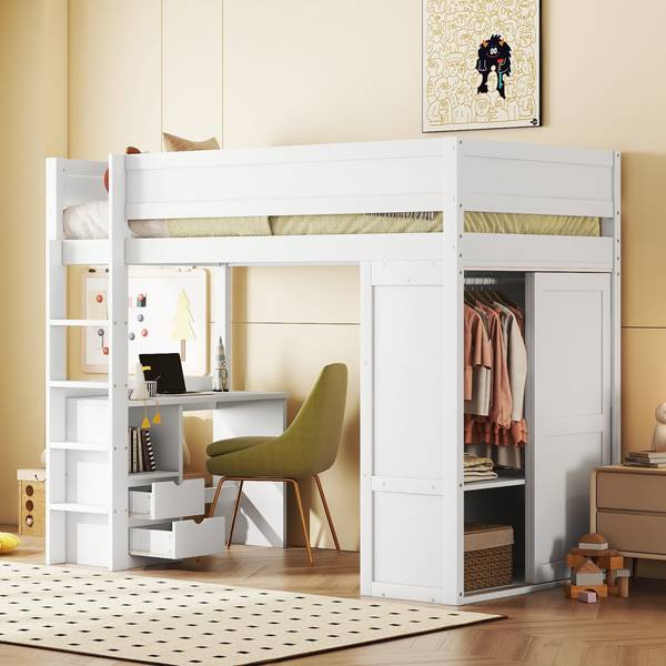 Hochbett mit Schreibtisch-O28109 Weiß - Massivholz - 165 x 165 x 205 cm
