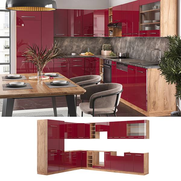 Eckküche Fame-Line 47340 19er Set Hochglanz Bordeaux - Eiche Dekor