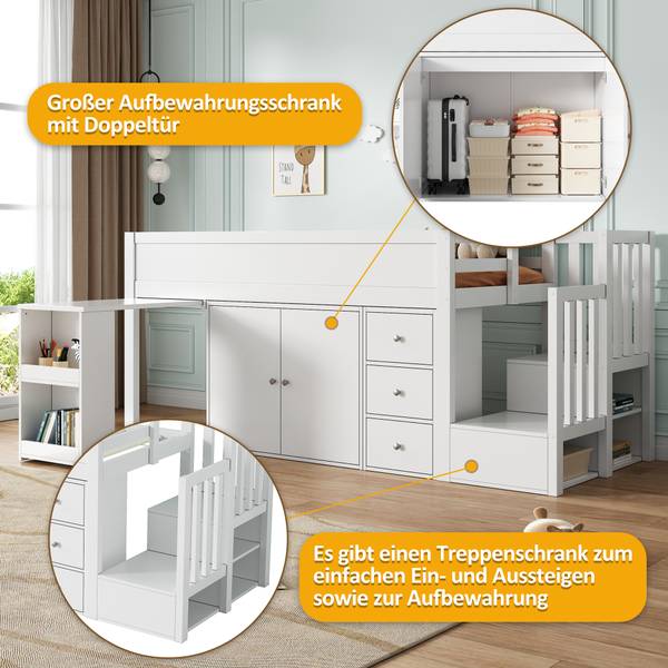 Hochbett BB3564 Weiß - Massivholz - 95 x 111 x 250 cm