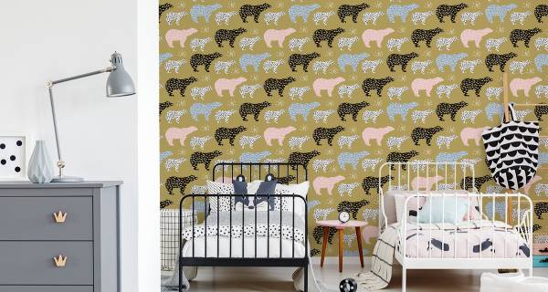 Tapete Wildtiere Bären Beige - Schwarz - Blau - Weiß - Fleece - 53 x 1000 x 1000 cm