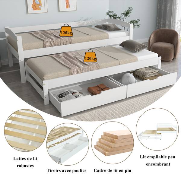 Schiebebett K-762 Weiß - Massivholz - 96 x 70 x 206 cm