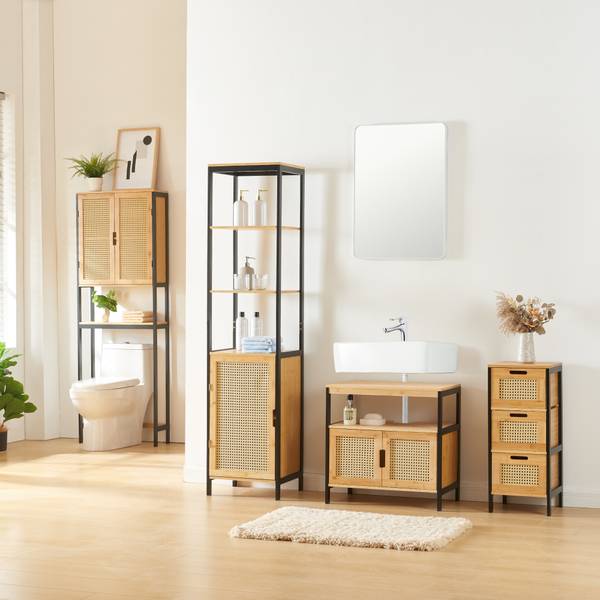 Bad-Hochschrank Tervola Beige - Schwarz - Bambus - Holzwerkstoff - Kunststoff - 40 x 172 x 35 cm