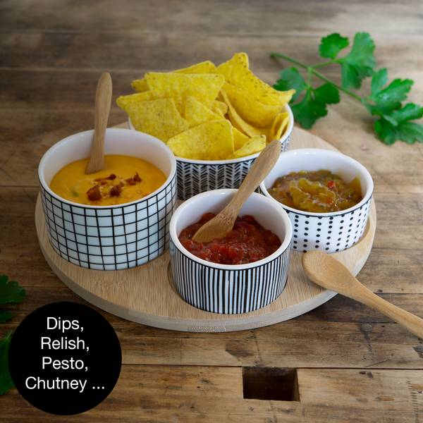 Bambusplatte mit 4 Dipschalen und Löffel Weiß - Pinie - 23 x 9 x 23 cm