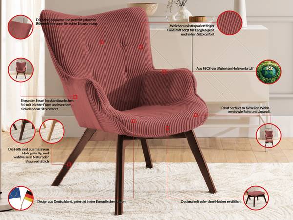 Lounge-Sessel Lenari Rubinrot - Braun