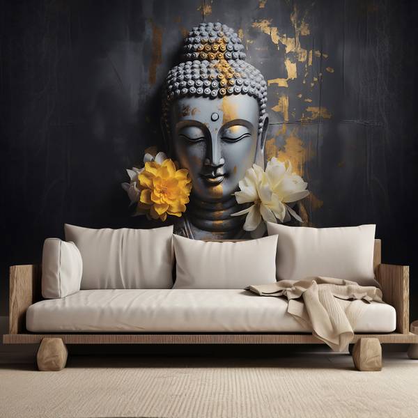 Papier peint, Bouddha gris et fleurs 250 x 175 cm