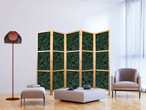 Paravent Blätter Botanik 5-tlg Schwarz - Grün - Holzwerkstoff - Textil - 225 x 172 x 3 cm
