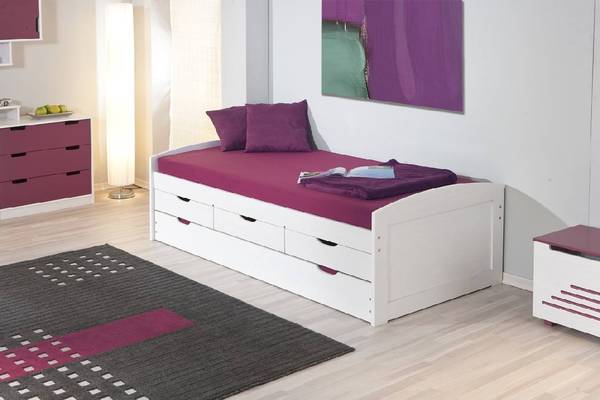 Einzelbett mit unterem Ausziehbett und Weiß - Massivholz - 195 x 63 x 98 cm