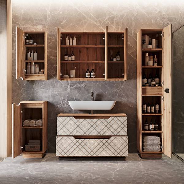 Badmöbel-Set Lotta 59392, 4er Set Beige - Kaschmir - Eiche Dakota Dekor