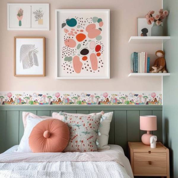 Tapetenbordüre für Kinder Bäume Gebäude Beige - Grün - Weiß - Fleece - 10 x 300 x 300 cm