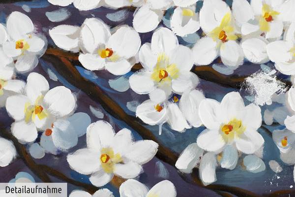 Acrylbild Handgemalt Blüten Zap Blau - Weiß - Baumwollstoff - 140 x 70 x 4 cm