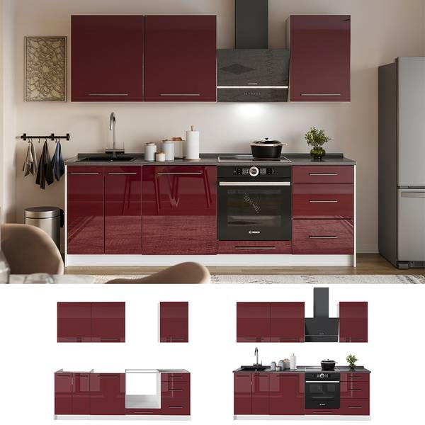 Küchenzeile Fame-Line 64025 Hochglanz Bordeaux - Reinweiß