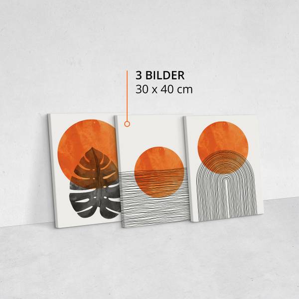Leinwandbilder BLÄTTER Boho 3-er Set Beige - Schwarz - Orange - Leinen - 90 x 40 x 40 cm