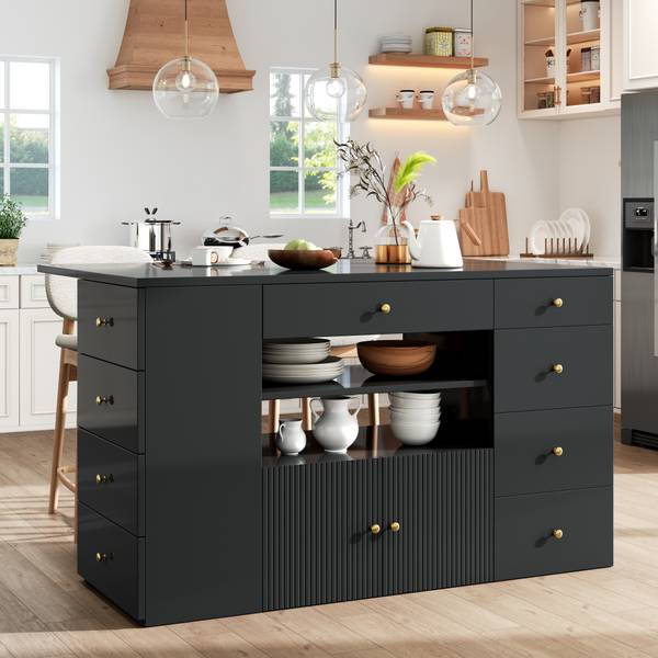 Kücheninsel mit Barhocker Thetis Ⅵ Schwarz - Holzwerkstoff - Metall - 70 x 91 x 140 cm