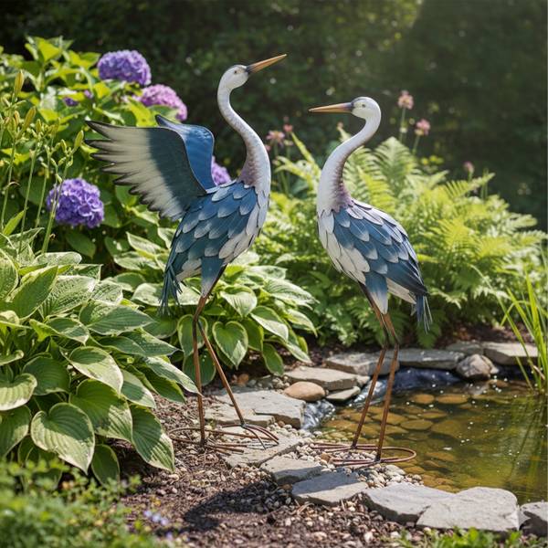 Gartendeko Figur Reiher 2er Set Blau - Braun - Weiß - Eisen - 44 x 74 x 20 cm