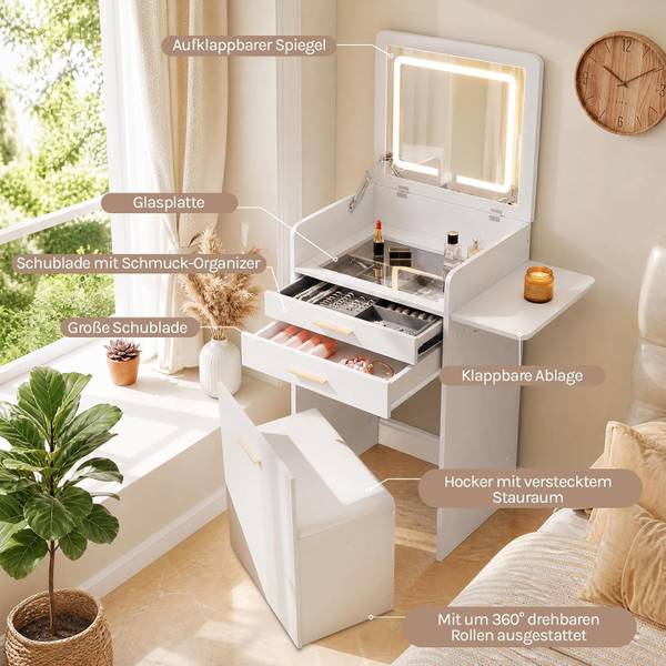 Schminktisch MB6143WS mit Beleuchtung Weiß - Holzwerkstoff - 50 x 87 x 40 cm