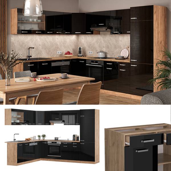 Eckküche R-Line 43019 12er Set Hochglanz Schwarz - Eiche Dekor