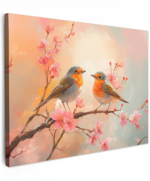 LEINWANDBILD Rotkehlchen Pink - Baumwollstoff - 40 x 30 x 2 cm