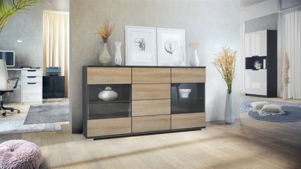 Sideboard Bari V1 Anthrazit Anthrazit - Eiche Sägerau Dekor - Breite: 139 cm