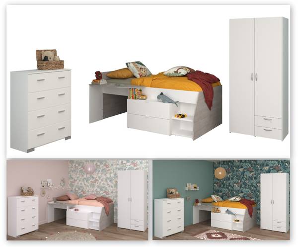 Kinderzimmer Milky12 3-teilig Weiß - Holzwerkstoff - 135 x 185 x 203 cm