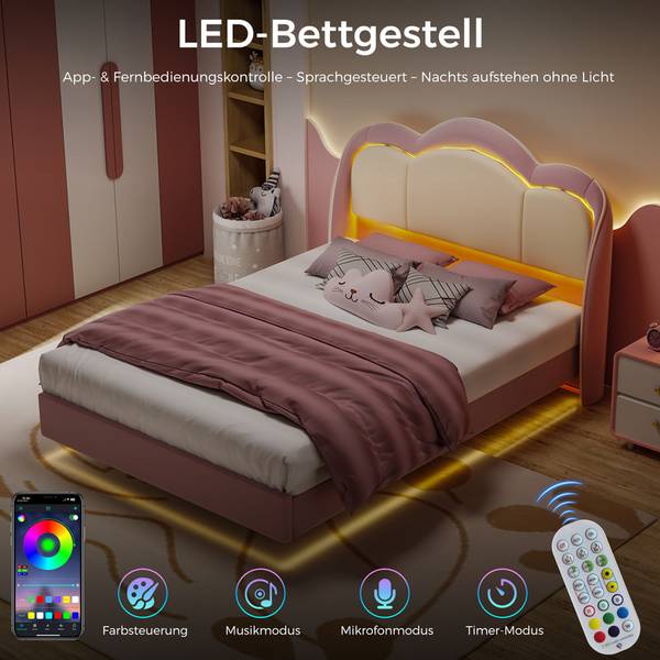 Kinderbett BDC01 mit LED Pink - Breite: 140 cm